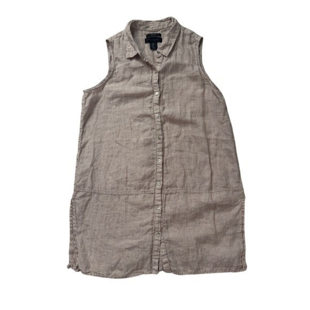 Tahari Oatmeal 100% Linen Sleeveless Button Down Tunic M Euro Summer Coastal - Picture 2 of 8